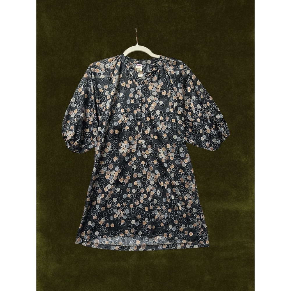 Vintage 1970s Floral Puff Sleeve Blouse Black Tan Boho Ditsy Print Top Size 9